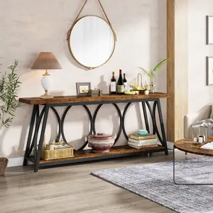 LITTLE TREE 70.9 inch Extra Long Console Table, Industrial Sofa Table Behind Couch with 2 Tier Storage Shelf, Narrow Entryway Hallway Accent Table for Living Room, Rustic Brown