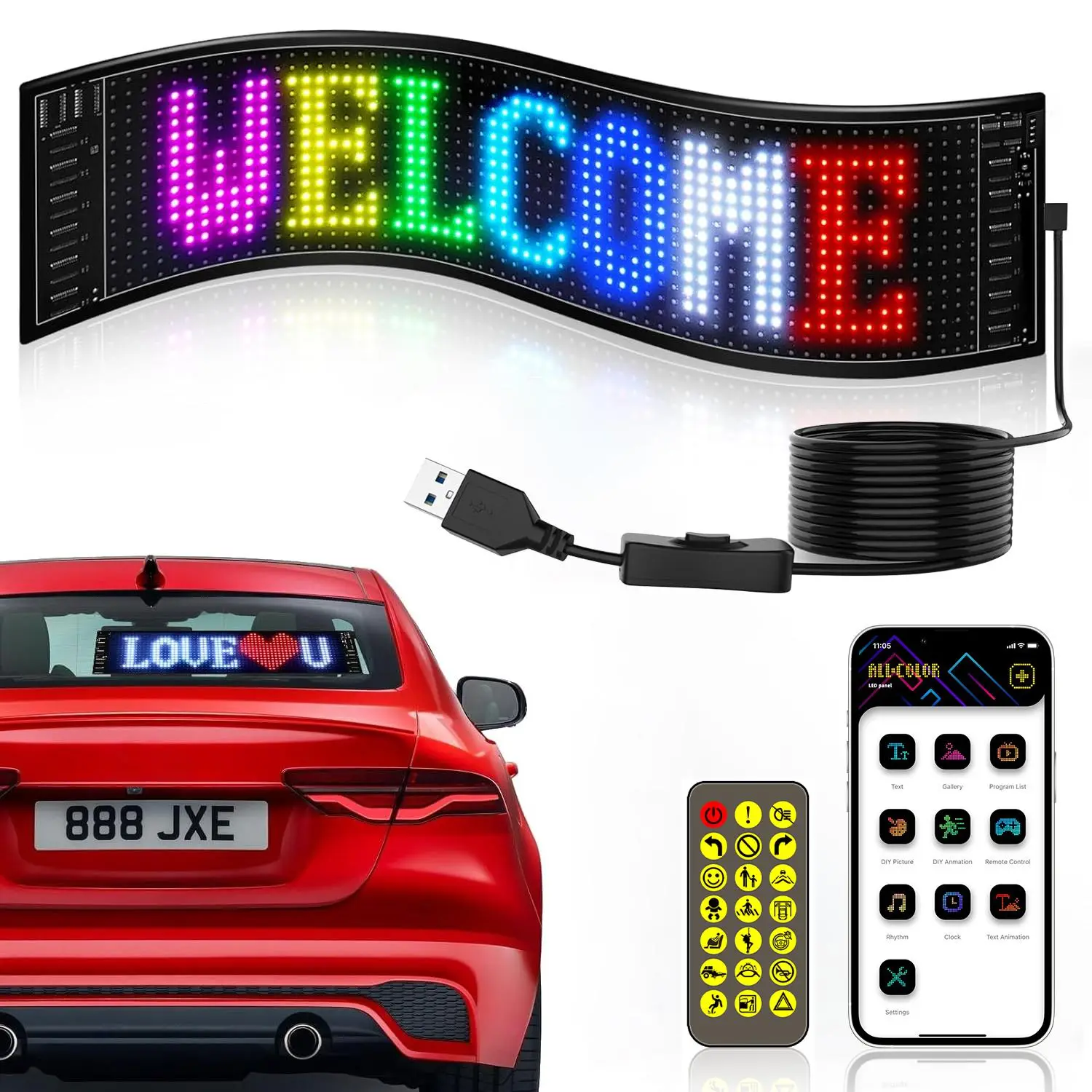 LED Matrix Panel, Flexible LED Advertising Digital Sign, USB Powered LED Decorative Lights, Suitable for Car, Shop, Party & Holiday Decor, LED Lights