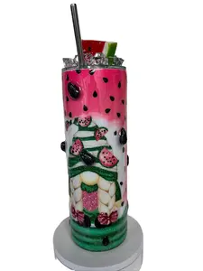 3D Glittered Watermelon Gnome Tumbler 20oz or 30 oz. Stainless Steel Insulated Cup with Lid topper & Straw Handmade Drinkware for Hot Cold Beverages Portable Reusable Bottle Flasks