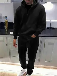 Men's Hooded Sweatshirt Jacket + Drawstring Jogger Pants Set, Fleece Lined, Half-Zip Design, Fall & Winter Casual Wear, 2 Piece