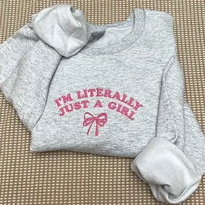 “Just a girl” pink bow embroidered crewneck sweatshirt, cute fall sweatshirt, cute girly sweatshirt, coquette bow embroidered sweatshirt