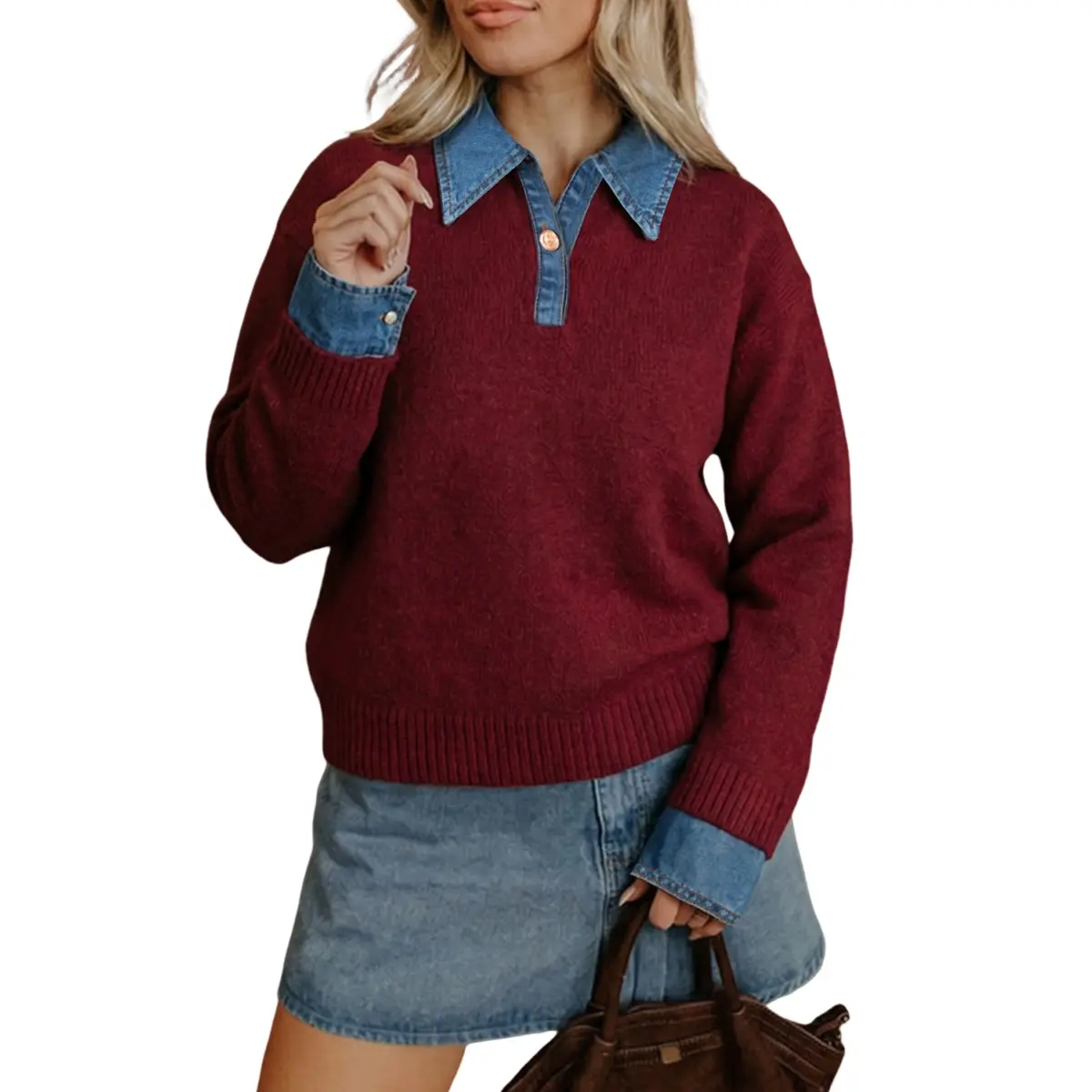 Sidefeel Women's Denim Patchwork Sweater Oversized Long Sleeve Button Down Polo Knit Pullover Sweaters Fall Winter Outfit DealsForYouDays summerwins WeeklyDeals Summer Outfit