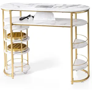 OmySalon Manicure Table w/Dust Collector & Trolley, White Marbling Modern Nail Station w/Rolling Storage Cart, Nail Desk for Nail Tech, for Salon Spa Beauty Makeup, Acetone Resistant