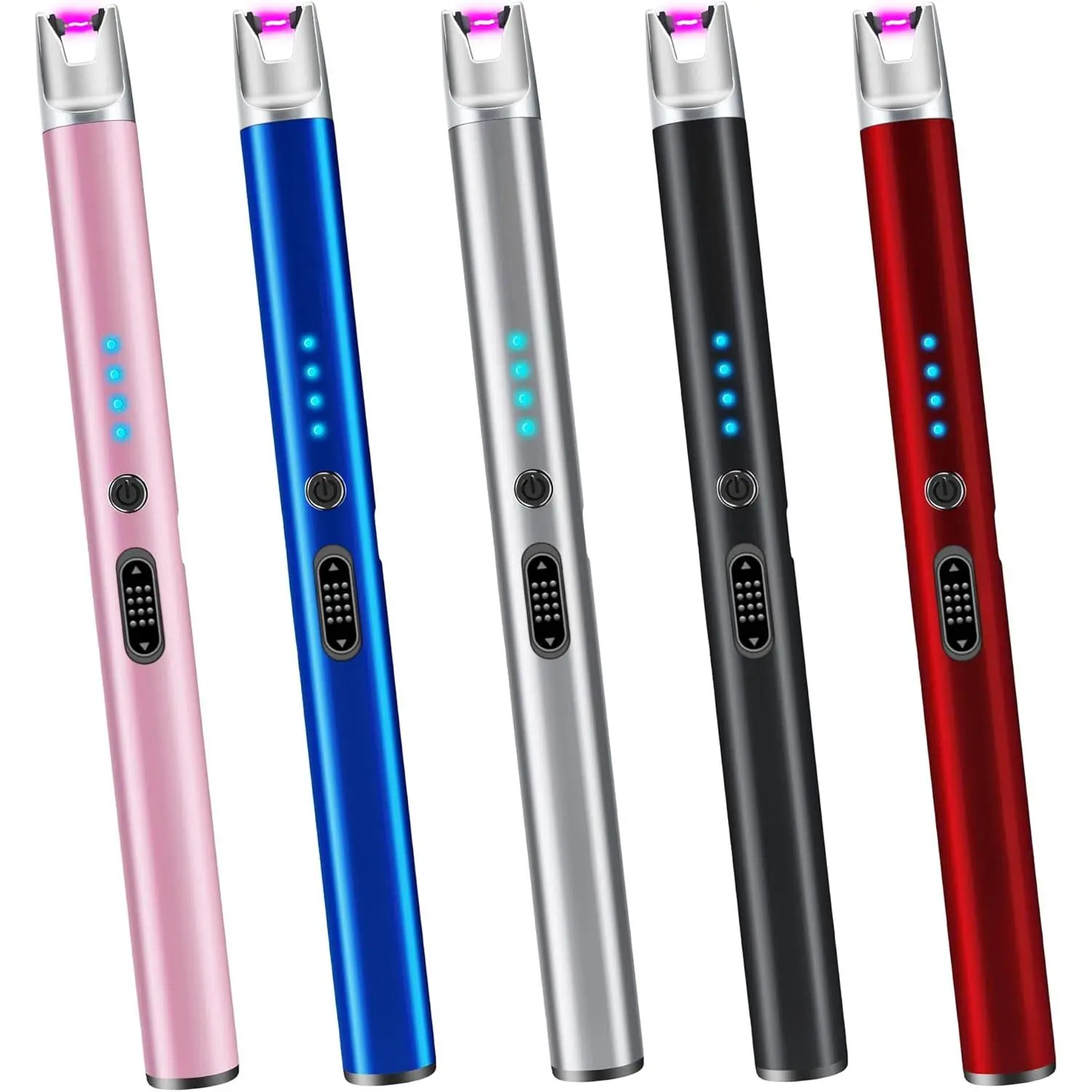 5-Pack Windproof Torch Lighter Set, Lightweight Metal Cylindrical USB-C Rechargeable Plasma Arc Long Neck Flameless Lighters with Safety Lock for Car, Kitchen, Outdoor Portable Use