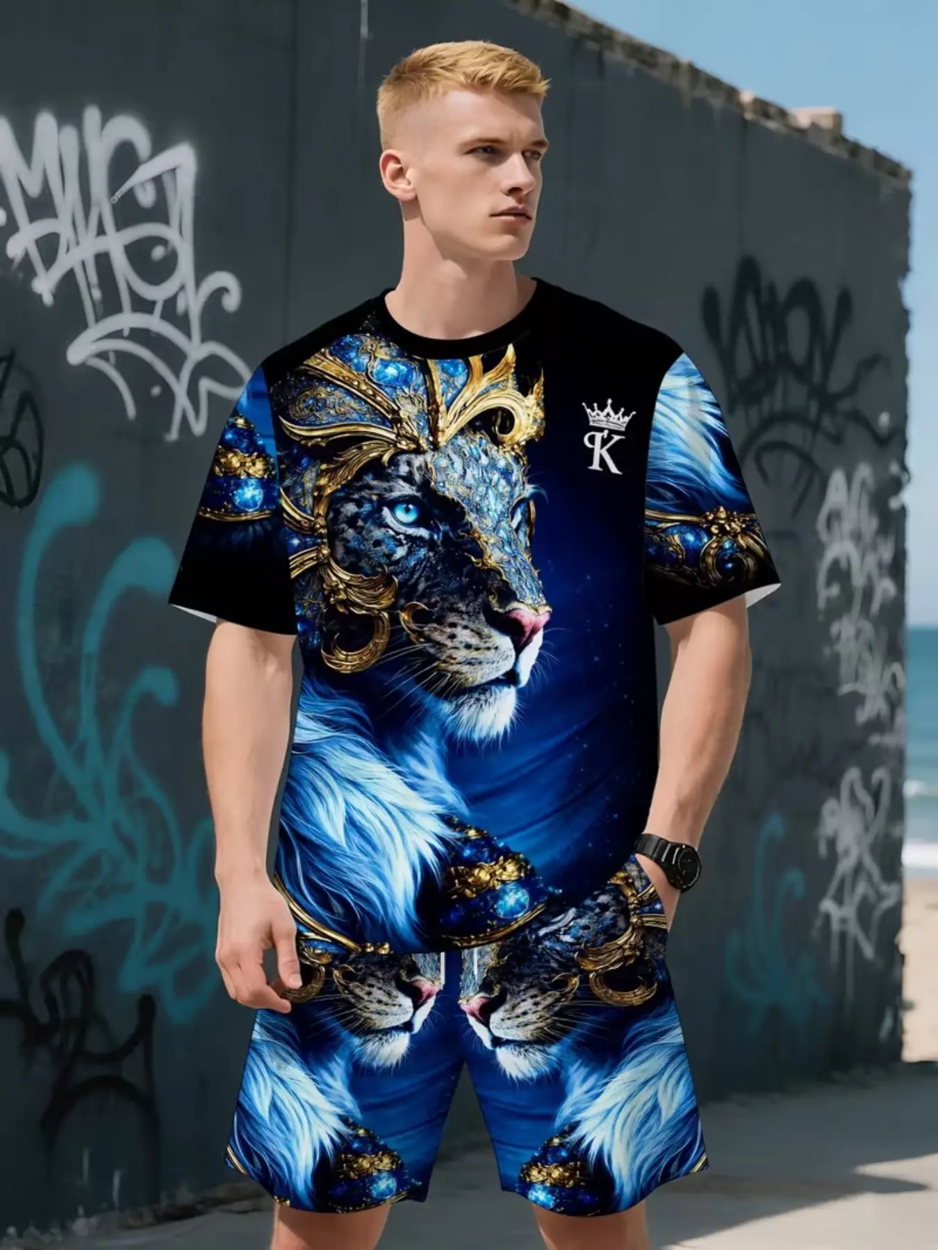 Men's Tiger Pattern 3D Print Short Sleeve T-Shirt + Shorts Fitted Set, Menswear, Casual Sporty Style, Breathable Outdoor Wear, Summer Gift, Shortsleeve, Clothes, Casual Tees Set