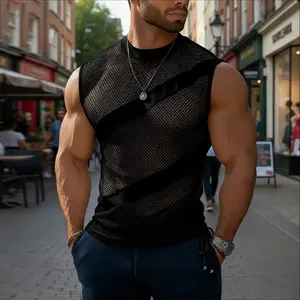INCERUN Men's Sleeveless Polyester Mesh Patchwork Side-Tie Cutout Vest - Simple Spring/Summer Menswear Basic Fabric Top