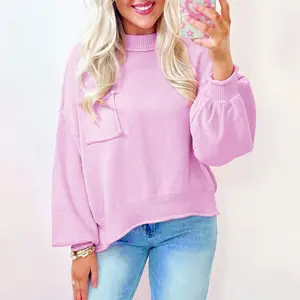 Pink Raw Edge Ribbed Detail Drop Shoulder Sweater