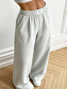 Solid Color Elastic Waist Wide Leg Sweatpants, Casual Loose Straight Long Pants, Pocketed Basic Sportswear, All Seasons, Fashion Women's Daily Wear, Casual Athletic Pants