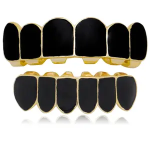 Black Color Gold Teeth Grillz Top & Bootom Dental Mouth Caps Cosplay Party Rapper Hip Hop Jewelry Oral
