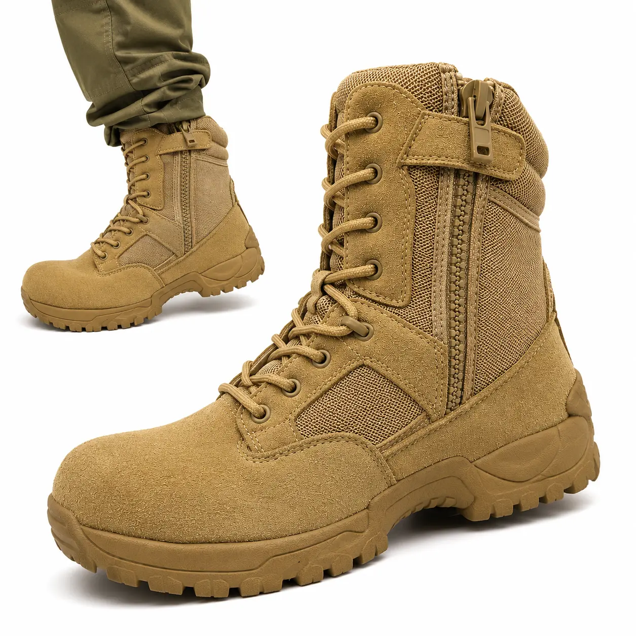 High Top Tactical Work Boots with Side Zipper – Durable Suede & Breathable Mesh, Rugged Traction Outsole for Work, Hiking & Outdoor Use