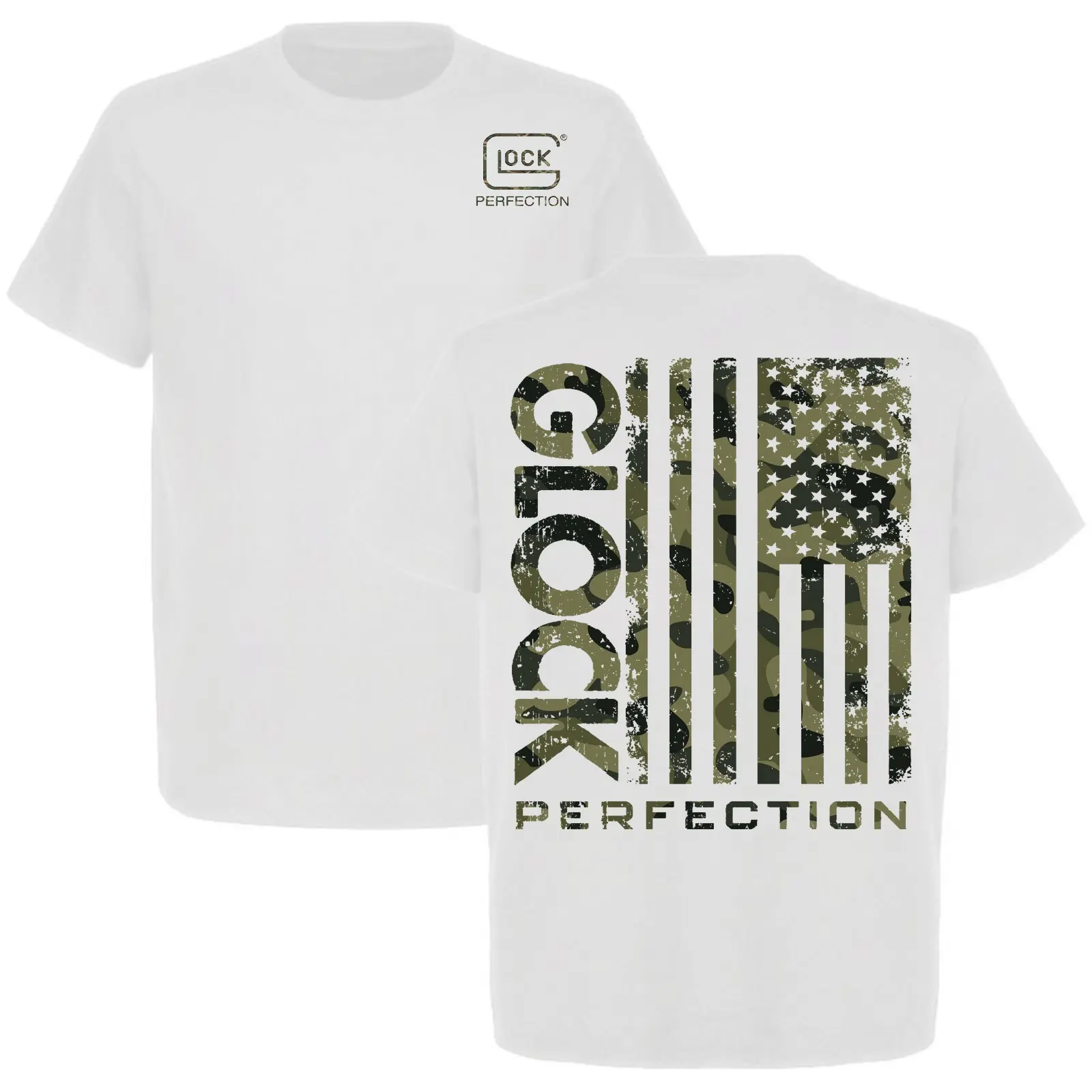 Glock 2-Sided Camo USA Flag Short-Sleeve Round Neck Top, Gun Lovers Casual Streetwear Tactical Shirt, Full Size, Full Color, Shortsleeve, T-Shirt, Unisex, Cotton, Cold Wash, Camouflage, Tshirt, Two-Sided Print