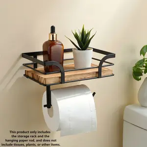1 Pc Rustic Wood & Black Metal Wall Mounted Bathroom Shelf with Toilet Paper Holder – Space-Saving Organizer for Towels, Toiletries & Decor in Bathroom or Washroom, Bathroom Storage, Wall Toilet Paper Storage & Roll Holder