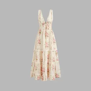 Cider V-neck Lace Trim Floral Lace Up Layered Maxi Dress