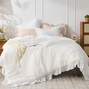 JOLLYVOGUE White Comforters Queen Size, 3 Pieces Ruffle Seersucker Queen Comforter Set for All Season, Lightweight Soft Shabby Chic Bedding Sets for Women（1 Comforter, 2 Pillowshams）