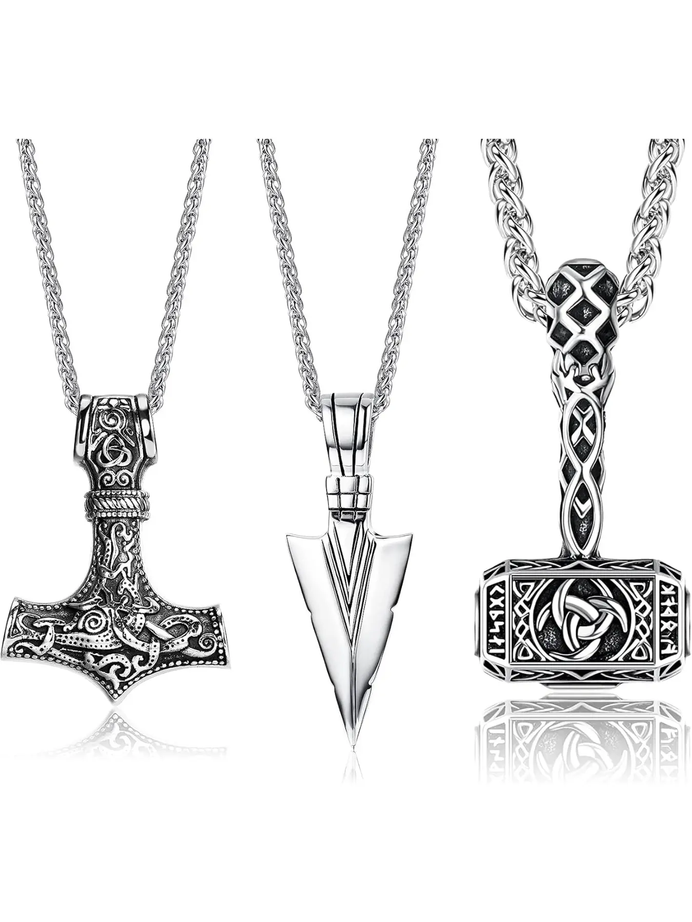 3Pcs Men's Necklace Viking Stainless Steel Thor Hammer Triangle Spearpoint Arrowhead Mjolnir Pendant Chain Necklace Talisman Necklace Exquisite Chain Jewelry Vintage Viking Jewelry for Men Boy Casual Style Necklaces with Basket Chain
