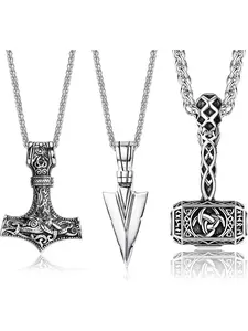 3Pcs Men's Necklace Viking Stainless Steel Thor Hammer Triangle Spearpoint Arrowhead Mjolnir Pendant Chain Necklace Talisman Necklace Exquisite Chain Jewelry Vintage Viking Jewelry for Men Boy with Basket Chain