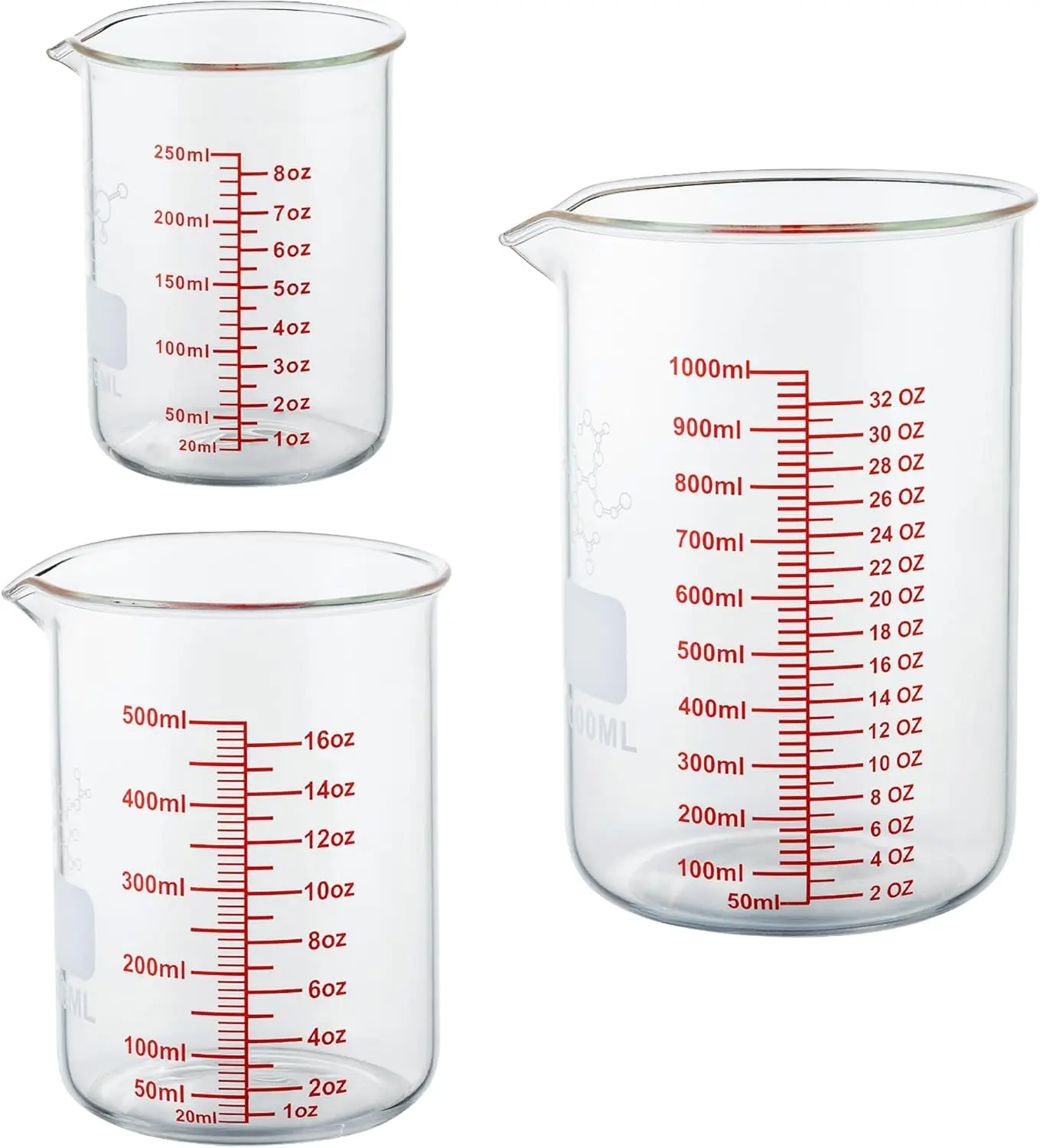High Borosilicate Glass Measuring Cup Set-V-Shaped Spout，Includes 250ml(8OZ), 500ml(16OZ), and 1000ml(32OZ) Glass Measuring Beaker, Easy to Read