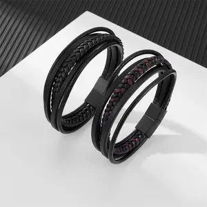 Simple leather cord bracelet, men's genuine leather multi-layer woven bracelet, black leather stainless steel magnetic bracelet, a gift for a boyfriend