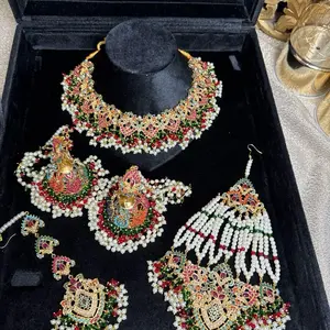 Pakistani Indian Gold Plated Nauratan Navratan Bridal Sets with Intricate Floral Design and Pearl Accents