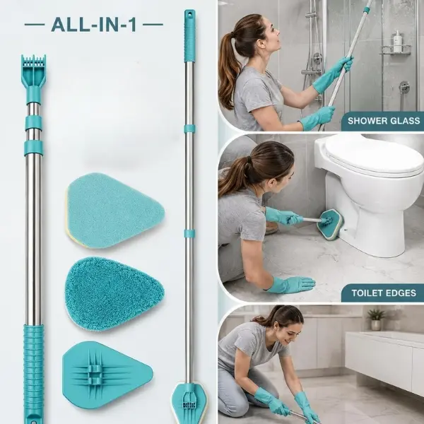 2-in-1 Scrub Cleaning Brush with 37" Extendable Handle, Stiff Bristle & Sponge Heads, Lightweight Detachable Shower Scrubber for Bathroom, Bathtub, Glass, Tile and Floor Cleaning Stainless Steel Adjustable Adjustable Microfibre Smooth