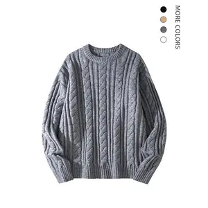 Men’s classic minimalist knitted long-sleeve sweater, soft and stretchy solid color crew neck ribbed hem, comfortable and warm, beige and black knit top GARMENTARY