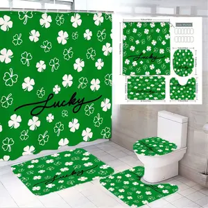 1/4pcsLucky Clover Bathroom Set, Green Shower Curtain with White Four - Leaf Clovers & 'Lucky' Text, Matching Green Bath Mats, Toilet Seat Cover - Festive St Patrick'S Day Decor for Lucky - Themed Bathroom, Perfect for Home Decoration