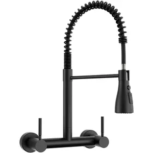 Wall Mount Kitchen Faucet with Pull Down Sprayer 3 Functions, 304 Stainless Steel Wall Mount Faucet 8 Inch Center, 2 Handle Kitchen Sink Faucet High Arc 360 Swivel, Matte Black