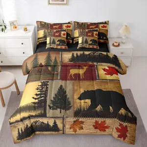 Farmhouse Cabin Comforter Bed Set,7 Piece Rustic Hunting Bedding Set with Sheets,Country Woodland Bear Deer Bed Bag,Kids Adults,Patchwork Forest Bed Set