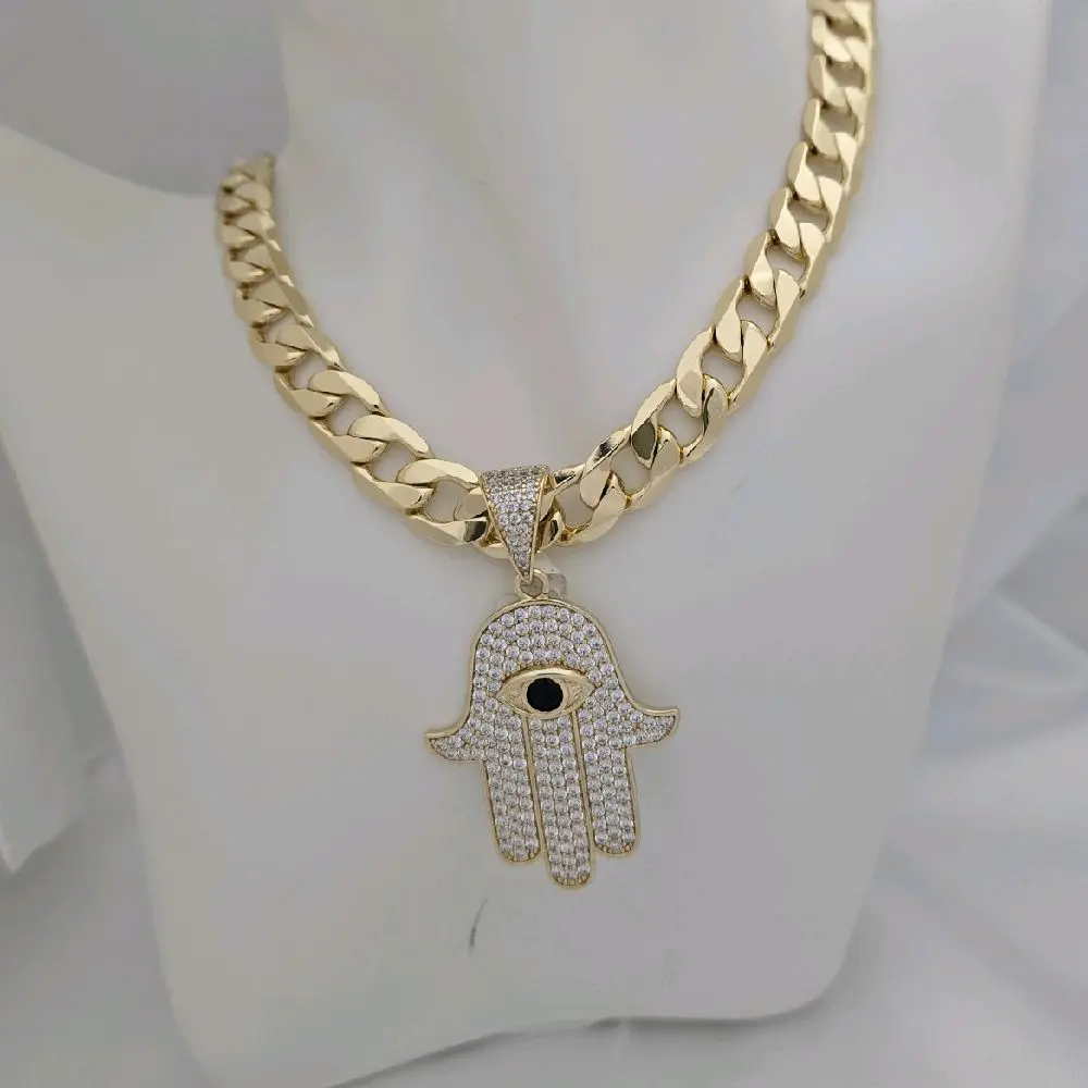10mm Thick Gold Plated Hand Pendant Necklace with 226 Chain Link Design for Men and Women
