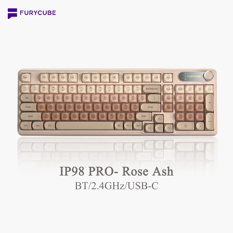 【Rose Ash】FURYCUBE IP98 Foudation Office Keyboard, 98 keys with Knob Wired/Wireless Cute Classic Keyboard with Number Pad, Custom Mechanical Feel Keyboard, RGB Backlit Work/Office/Gaming Silent Keyboard, Quiet Typing, Dealsforyou, budget gift, deslforyou