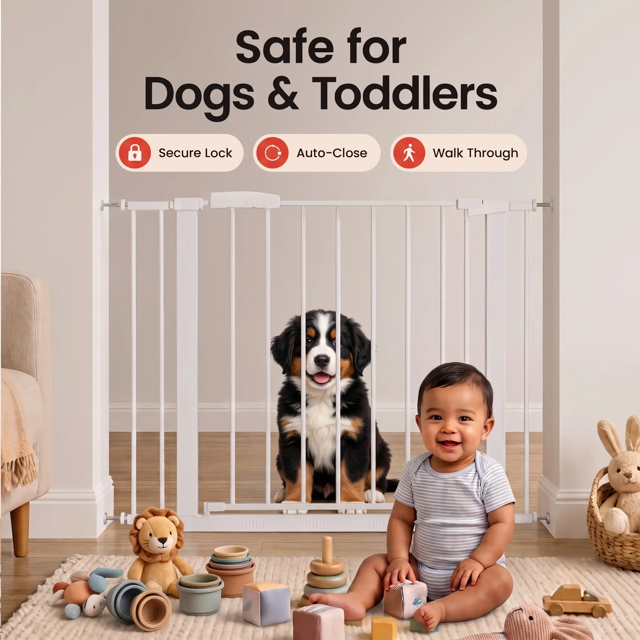 Sweetcrispy LIVE - Baby Gate for Stairs, Auto Close Dog Gate for Doorways White | Toddler Safety Essentials for the House,-Easy Install Pressure/Hardware Mounted Pet Gate for Dogs