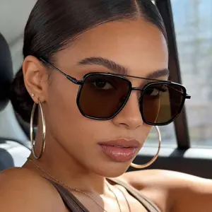 Sleek Double-Bridge Aviator Sunglasses - Textured Metal Frame with Angular Lenses, UV400 Protection Shades Perfect for Everyday Casual and Timeless Street Style