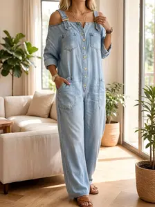 Women's Denim Jumpsuits – Loose Fit Adjustable Strap with Large Pockets, Casual Baggy Romper for Summer Vacation & Photo Shoot
