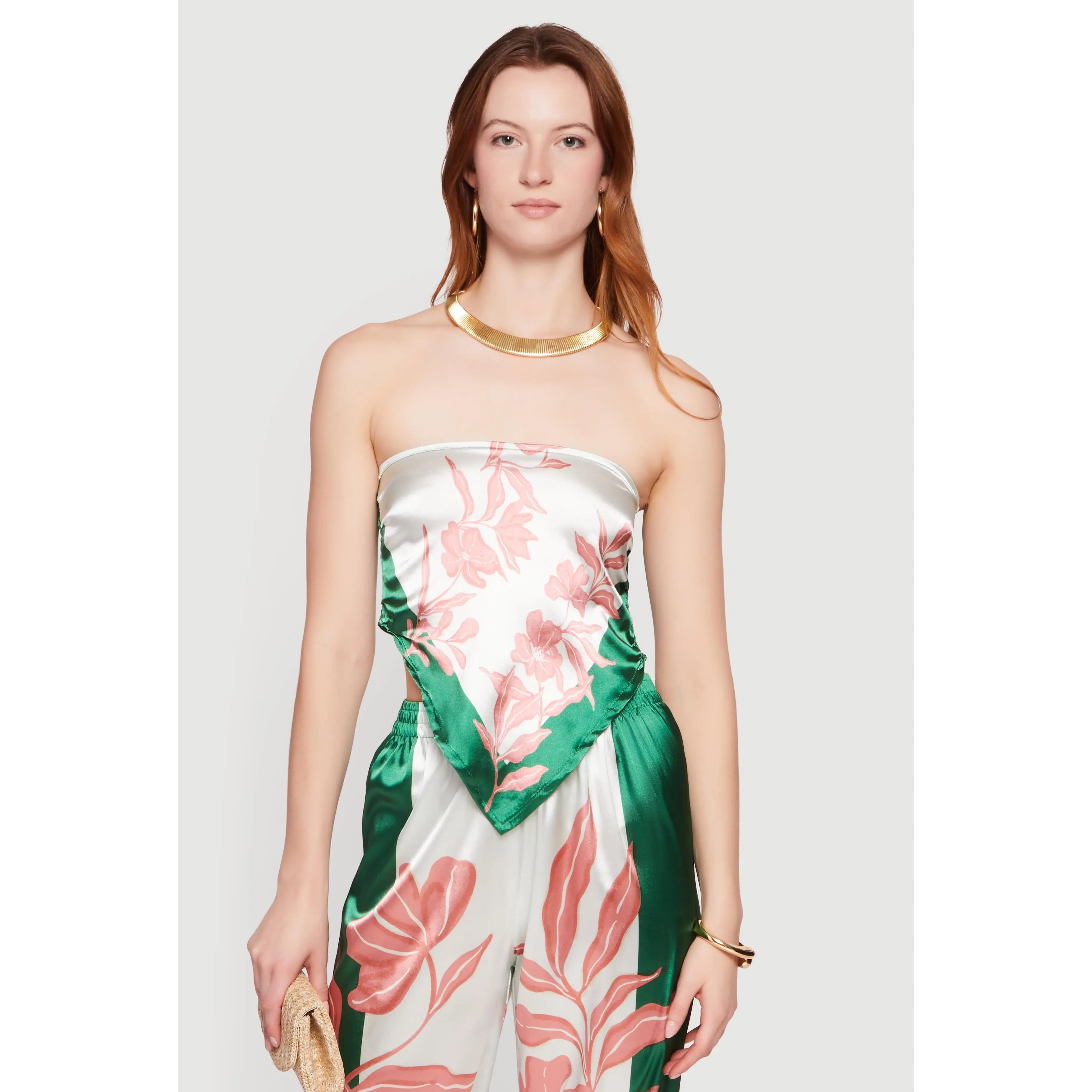 Satin Floral Handkerchief Hem Tube Top