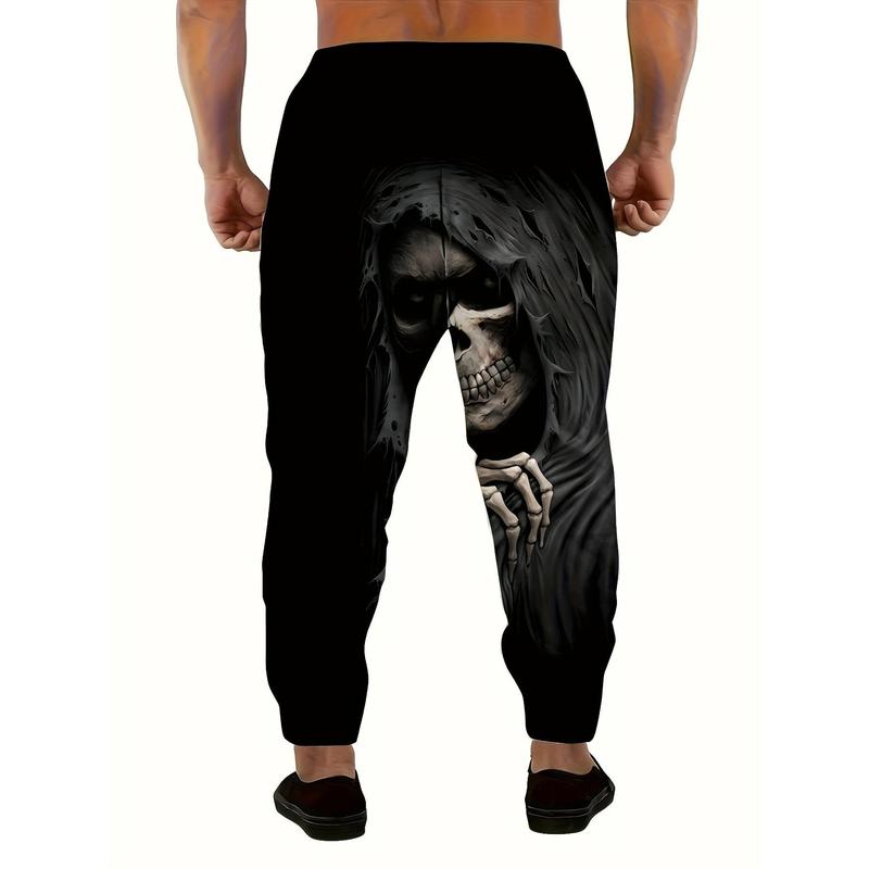 Men's  Skull Print Joggers with Drawstring & Pockets - Stylish Halloween Sweatpants, Black Casual Trousers, Polyester Knit Fabric, Machine Washable