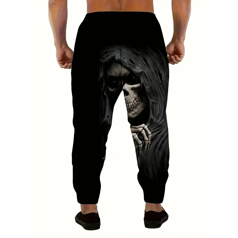 Men's  Skull Print Joggers with Drawstring & Pockets - Stylish Halloween Sweatpants, Black Casual Trousers, Polyester Knit Fabric, Machine Washable