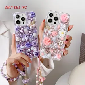 Pink-Purple Floral Flower Cluster Pearl Chain Case Cover for iPhone14/15/16 Series | Pink/Purple Dual Colors + 3D Flower Cluster + Pearl Rhinestones + Matching Flower Pendant Chain | Shockproof Scratch-Resistant | Spring Outing Fresh Sweet Aesthetic Style