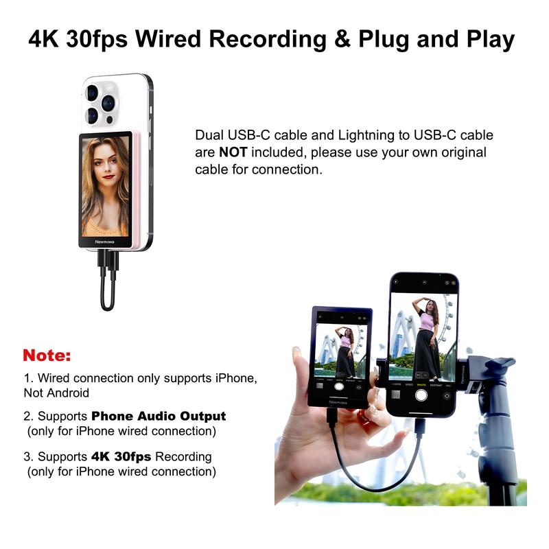 Newmowa Magnetic Phone Vlog Selfie Monitor Screen, 1080P Wireless Recording, Using Phone Rear Camera for Selfie Vlog Live Stream TikTok, Compatible with iPhone(Support 4K 30fps Wired Recording)