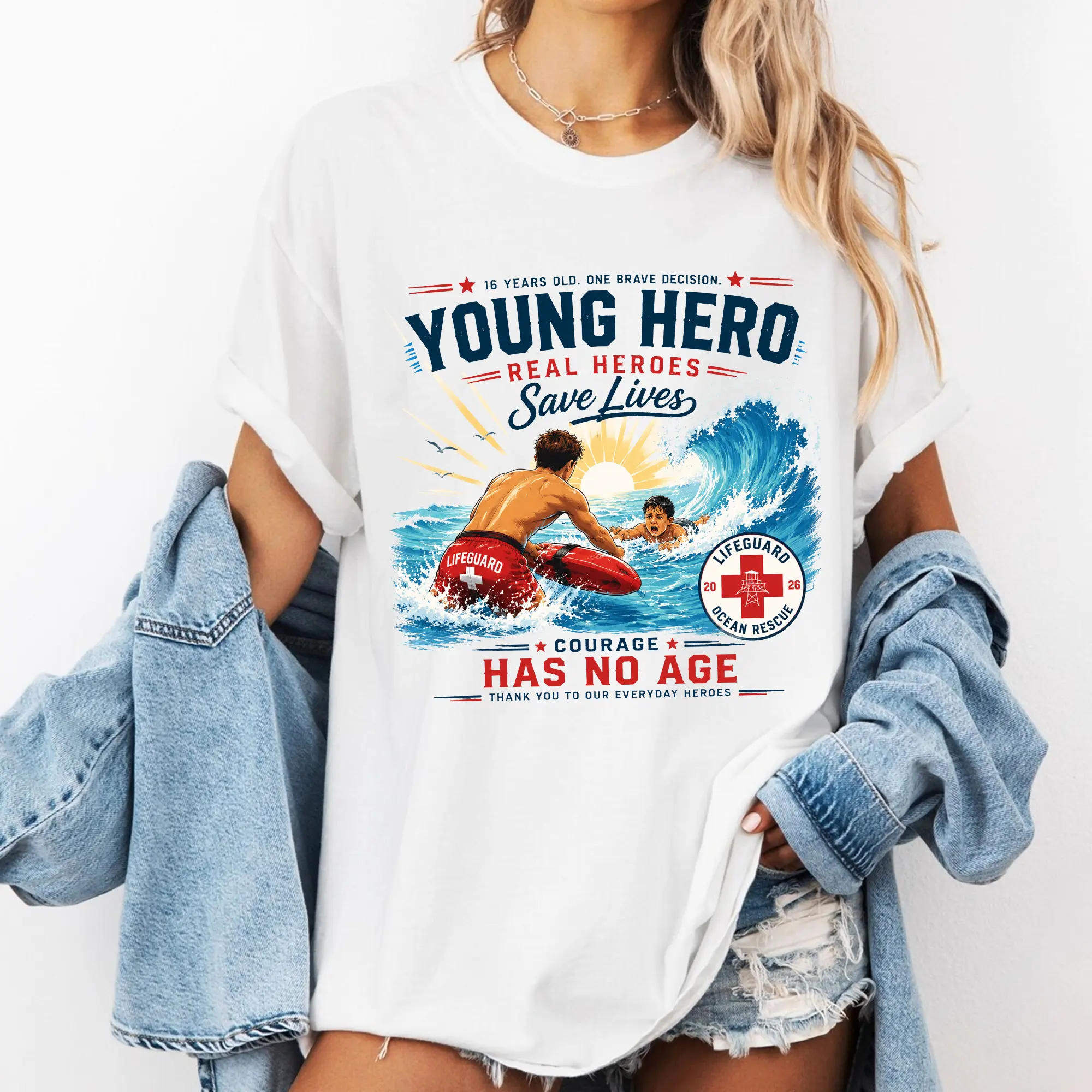 Young Hero Lifeguard Shirt, Courage Has No Age Real Heroes Save Lives Ocean Rescue Graphic Tee, Lifeguard Appreciation Gift