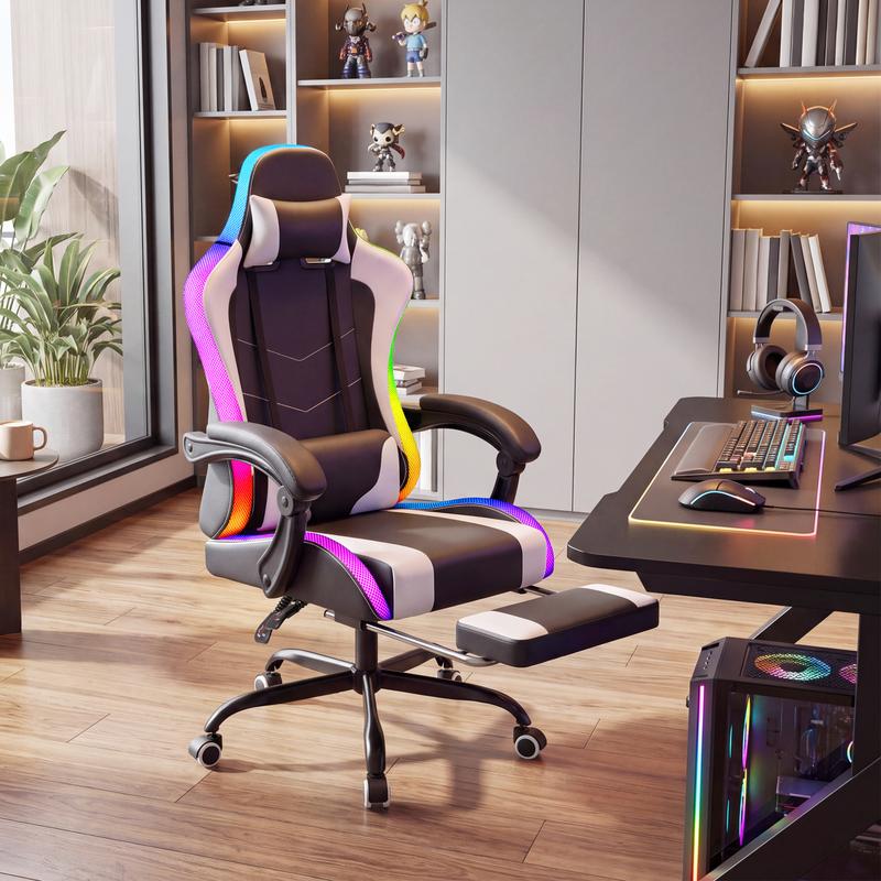 Homall Gaming Chair with RGB LED Lights&No LED Lights,Ergonomic Design, Footrest & Massage Lumbar Support, Height Adjustable, Seat with 360° Swivel and 135° Recline, High-Density Foam, PU Leather, 300 lbs Weight Capacity familyfun
