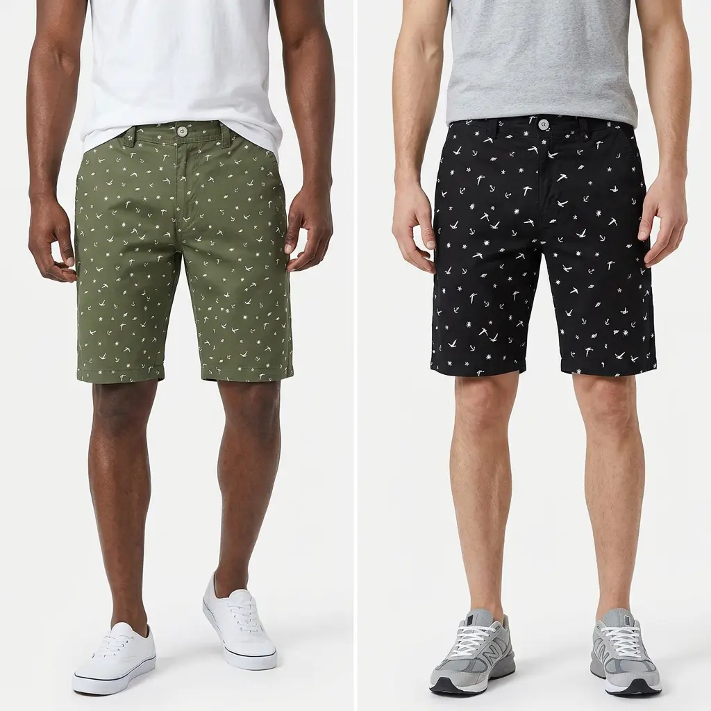 Men's Casual 2-Pack Soft Cotton Shorts - Fitted, Machine Washable, Buttons Closure, Excellent Breathability, Seagull & Anchor Print, Elastane Blend, Side Pockets, Summer Beach Outdoors Menswear (Black, Green, Sun, White), Set