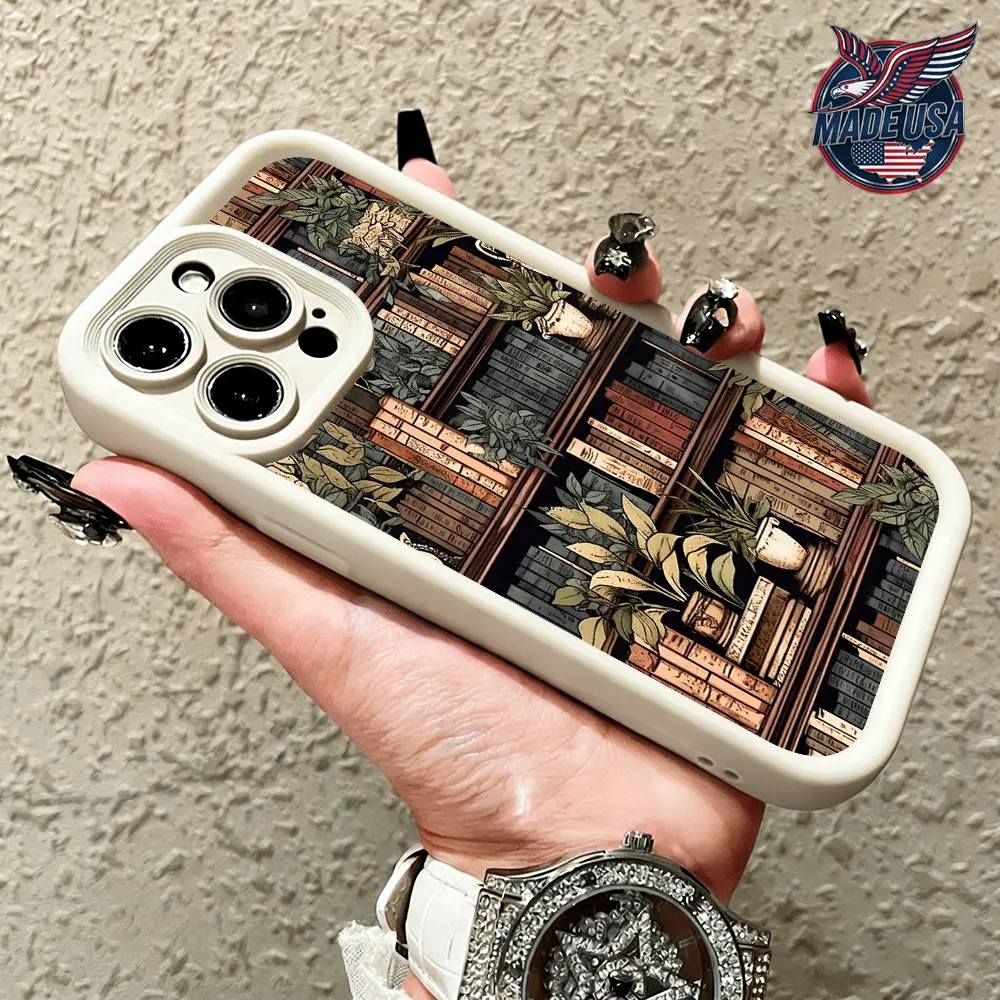 Vintage Library Bookshelf-Plants Pattern Dark Academia Aesthetic Shockproof Anti-Drop Smartphone Case - Slim Fit, Flexible TPU Shield, Raised Lips Cover for All iPhone 11+,12,13,14 Pro Max,15,16,17,XR,XS Plus,Air - Contemporary Art Mobile Phone Accessory