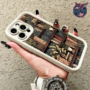 Vintage Library Bookshelf Plants Pattern Dark Academia Aesthetic Case for iPhone 17 16 15 14 Pro Max 13 12 11 XR XS Plus Air Slim Shockproof TPU Cover