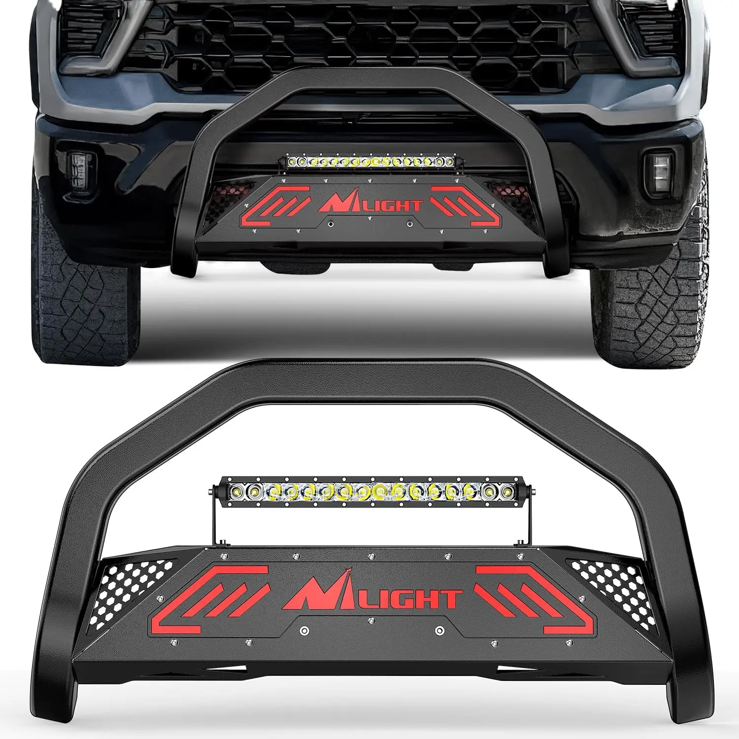 Nilight Front Bumper Bull Bar with Light - Grille Brush Push Guard for 2019-2024 Chevy Silverado 1500 (Excl. 19 LTD Classic), GMC Sierra 1500 (Excl. 19 LTD Classic) - Skid Plate, License Plate Hole, Truck Protector, Automotive Accessories