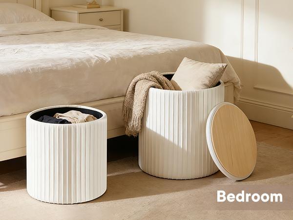 2-Piece Round Storage Ottoman Set - Velvet Vanity Stool with Storage, Green Small Footstool for Bedroom & Living Room, Multi-Use Coffee Table Ottoman, Beige