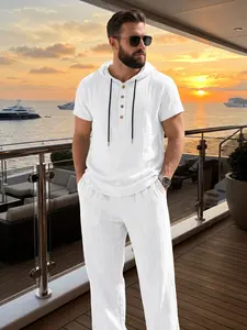 Men's 95% Premium Linen Set, Ultra-Lightweight Hooded Henley Shirt & Trousers, Breathable Crinkle Resort Wear, Casual Loose-Fit