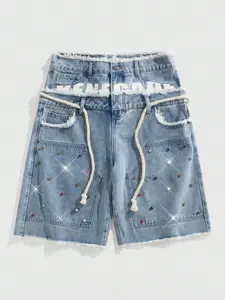 Unisex Streetwear: Loose-Fit Printed Denim Shorts (with Rhinestone Belt) — Spring/Summer Collection: Mid-Wash Bermuda Shorts — Edgy Street-Casual Daily Wear — Men's Apparel