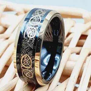 Dragon Ring Men's Wedding Band Tungsten Carbide 18k Yellow Gold Polished Edges Black and Gold Ring