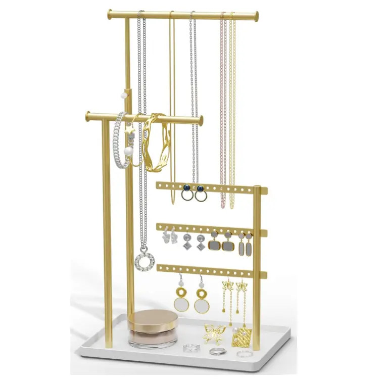 Jewelry Holder Organizer Stand - Adjustable Tall 17.5" (Max), Sturdy Jewelry Hanger for Necklaces, Earrings, Bracelets, Rings, Jewlery Display and Storage, Gold and White, Metal