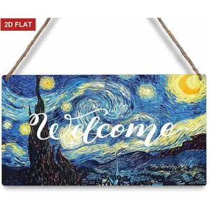 Van Gogh Painting Welcome Door Sign Starry Night Front Door Hanger Sign 3.93x7.87 inch Rectangular Farmhouse Rustic Wooden Hanging Sign Indoor Outdoor Porch Window Decor